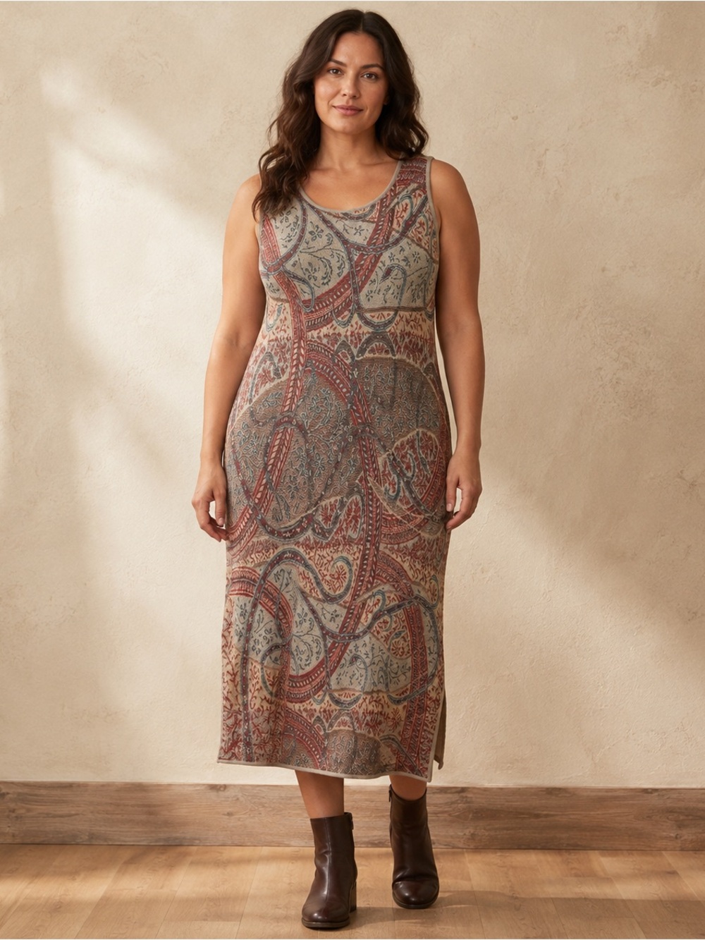 Peruvian Connection Paisley Jacquard Knit Midi Sheath Dress XL Pima Cotton Boho